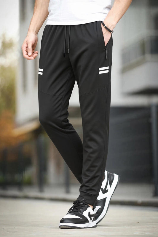 Dual Yanı Çift Şerit Detaylı Fermuar Cepli Beli Bağcıklı Paçası Manşetli Slim Fit Eşofman Altı