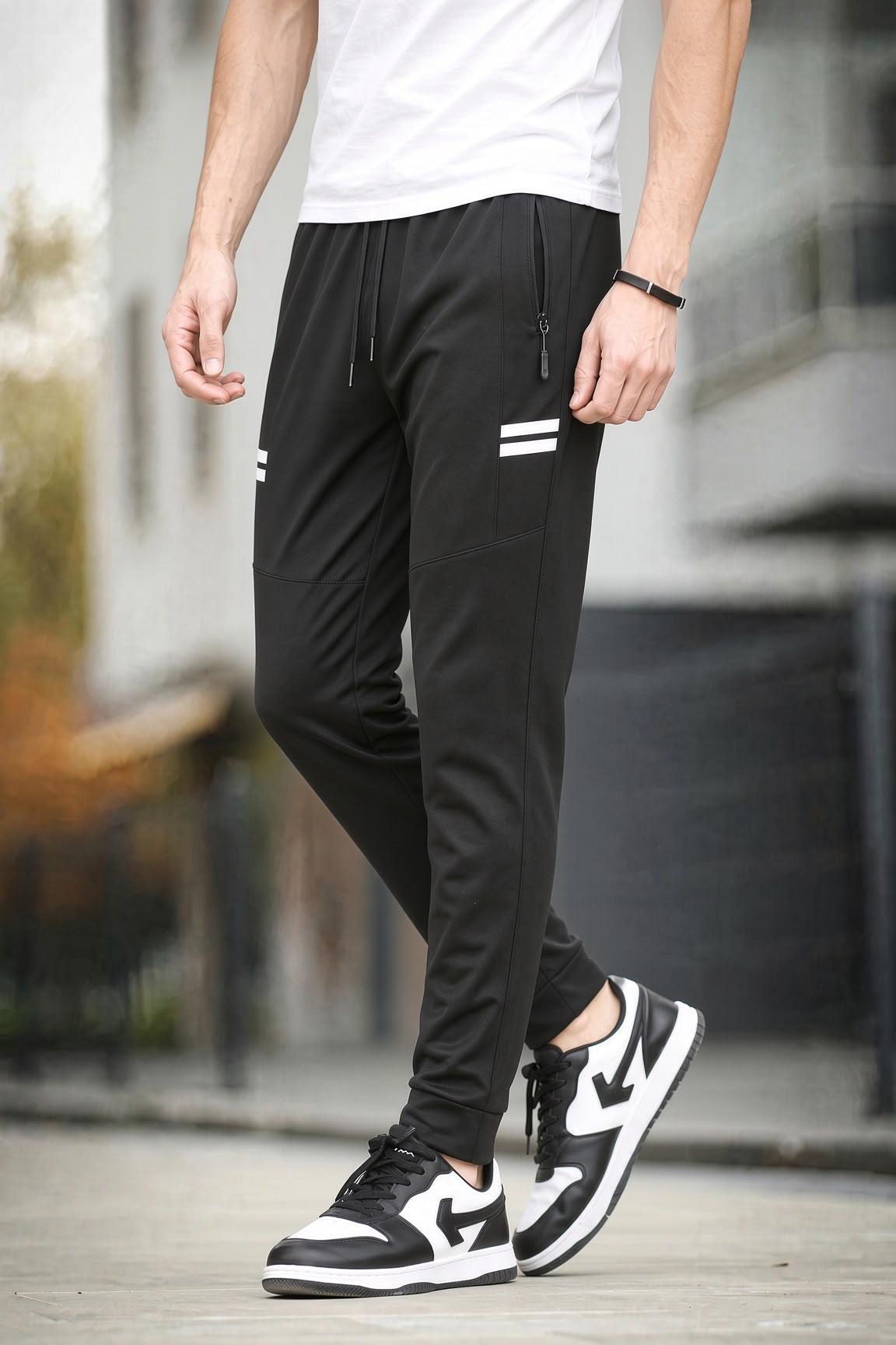 Dual Yanı Çift Şerit Detaylı Fermuar Cepli Beli Bağcıklı Paçası Manşetli Slim Fit Eşofman Altı