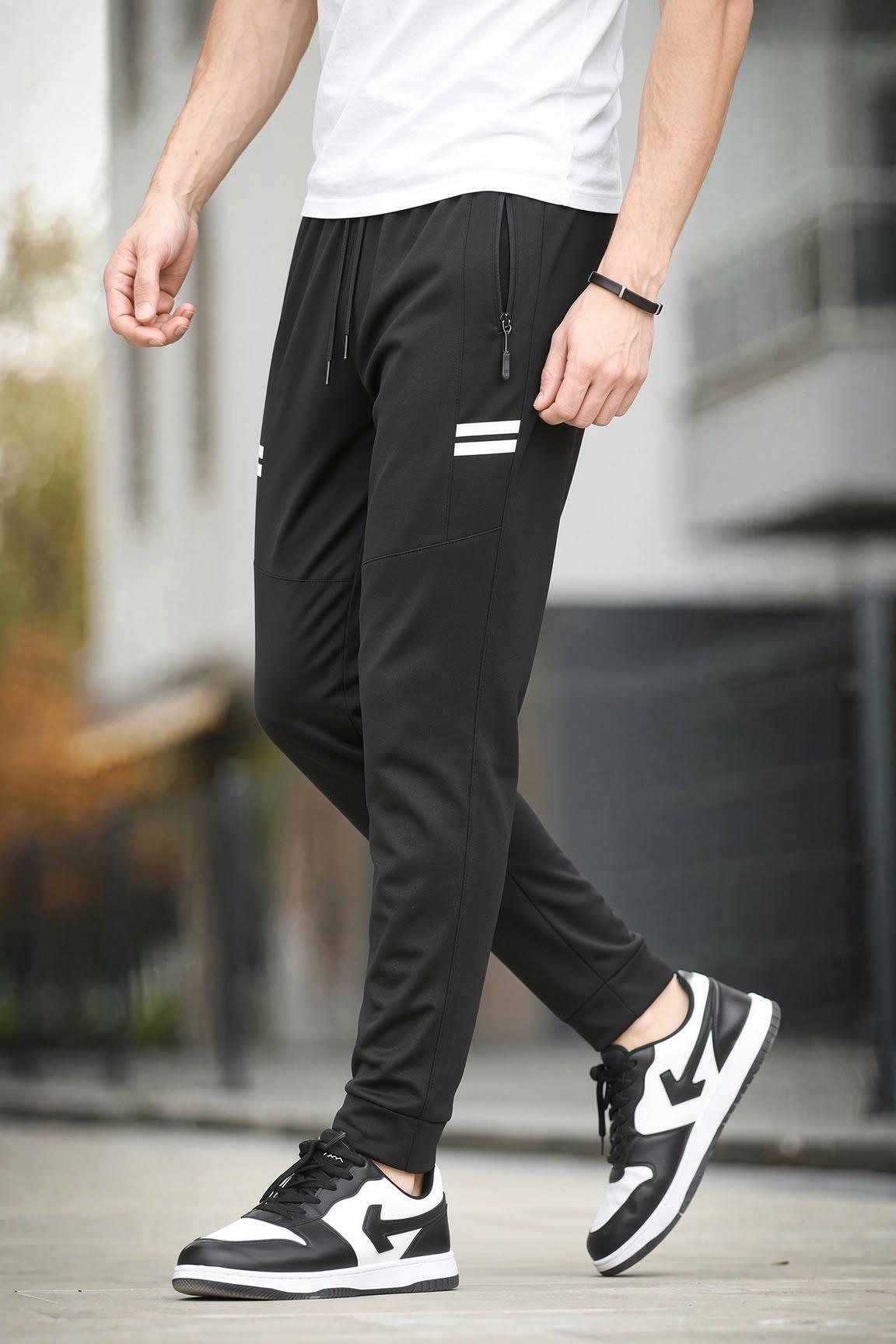 Dual Yanı Çift Şerit Detaylı Fermuar Cepli Beli Bağcıklı Paçası Manşetli Slim Fit Eşofman Altı