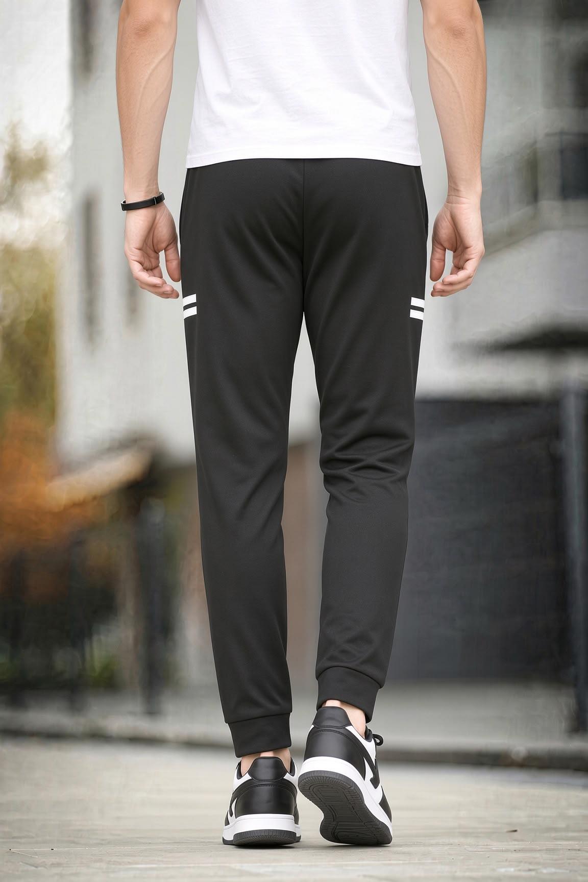 Dual Yanı Çift Şerit Detaylı Fermuar Cepli Beli Bağcıklı Paçası Manşetli Slim Fit Eşofman Altı
