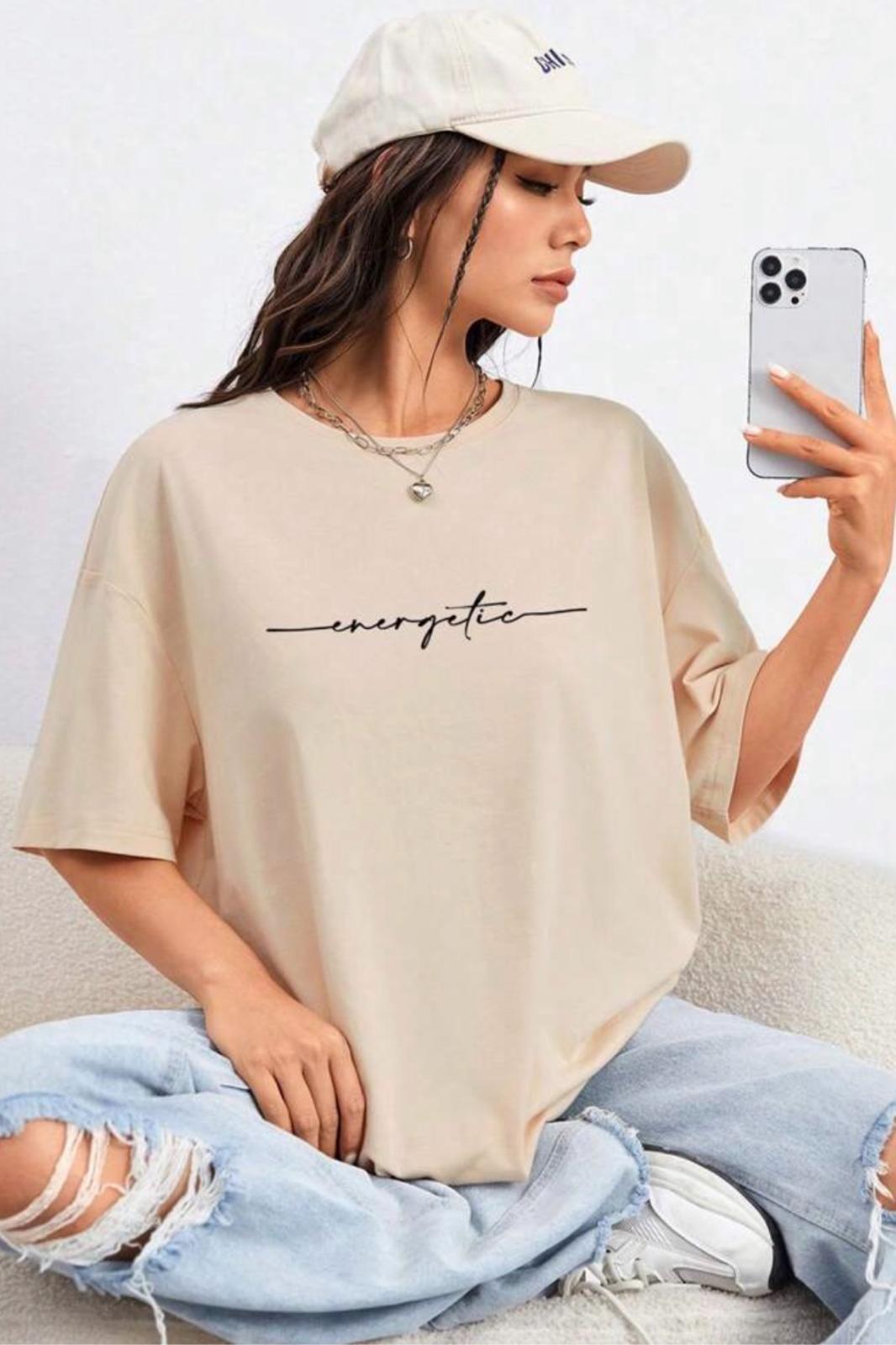 Energetic Ön Baskılı Bisiklet Yaka Kadın Oversize Tshirt