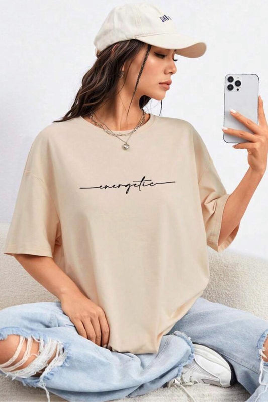Energetic Ön Baskılı Bisiklet Yaka Kadın Oversize Tshirt