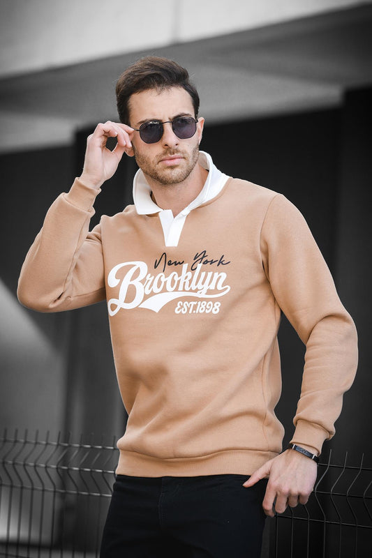 Est 1898 Baskılı Üç İplik Şardonlu Slim Fit Polo Yaka Erkek Sweatshirt