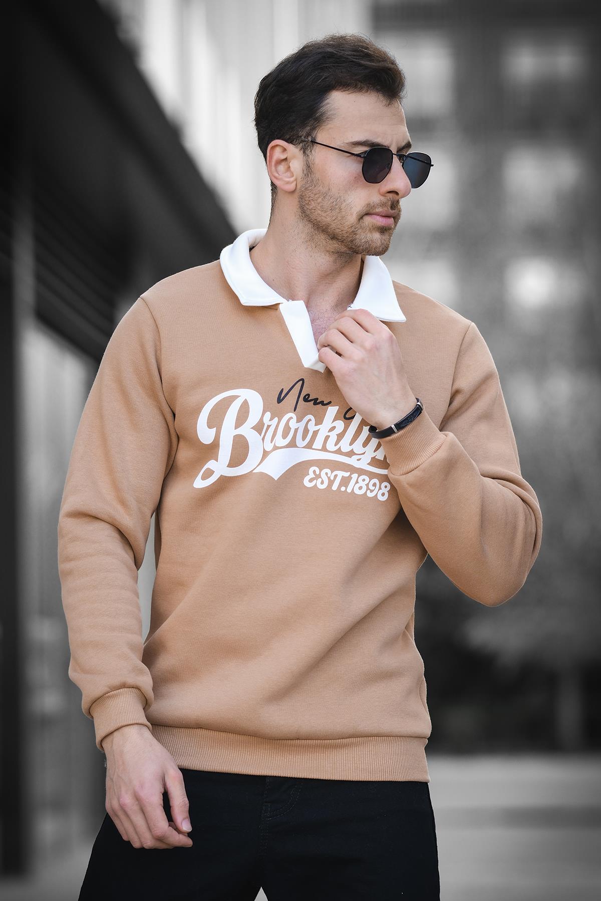 Est 1898 Baskılı Üç İplik Şardonlu Slim Fit Polo Yaka Erkek Sweatshirt