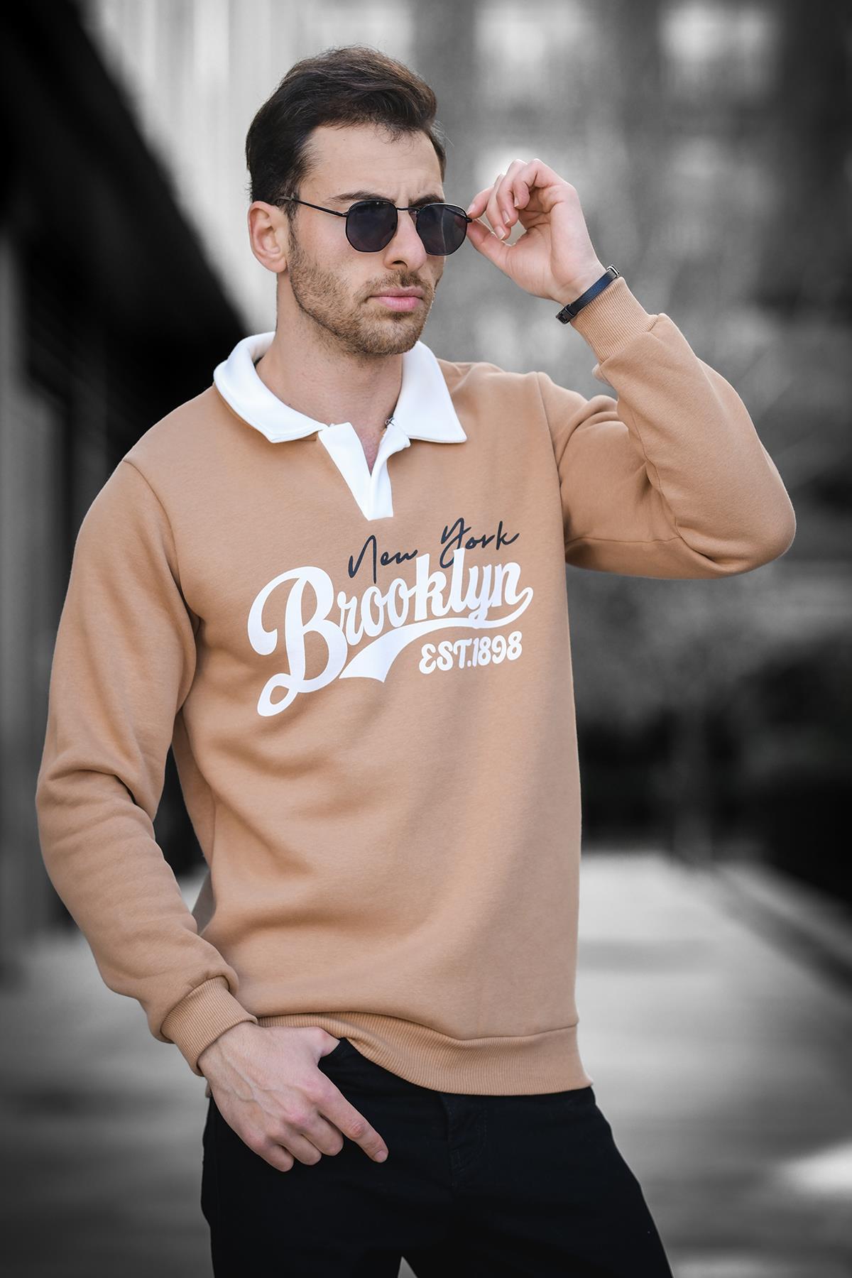 Est 1898 Baskılı Üç İplik Şardonlu Slim Fit Polo Yaka Erkek Sweatshirt