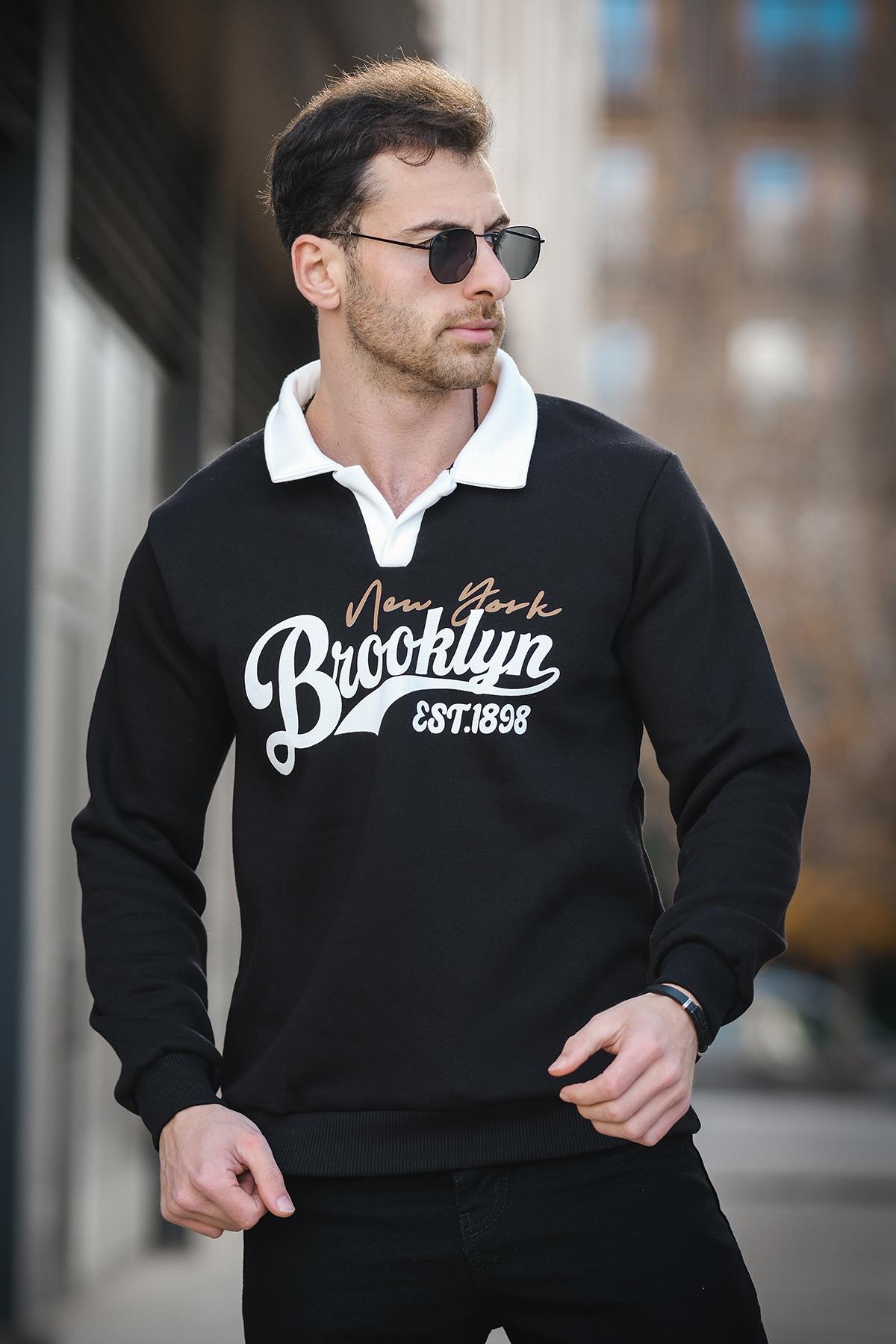 Est 1898 Baskılı Üç İplik Şardonlu Slim Fit Polo Yaka Erkek Sweatshirt