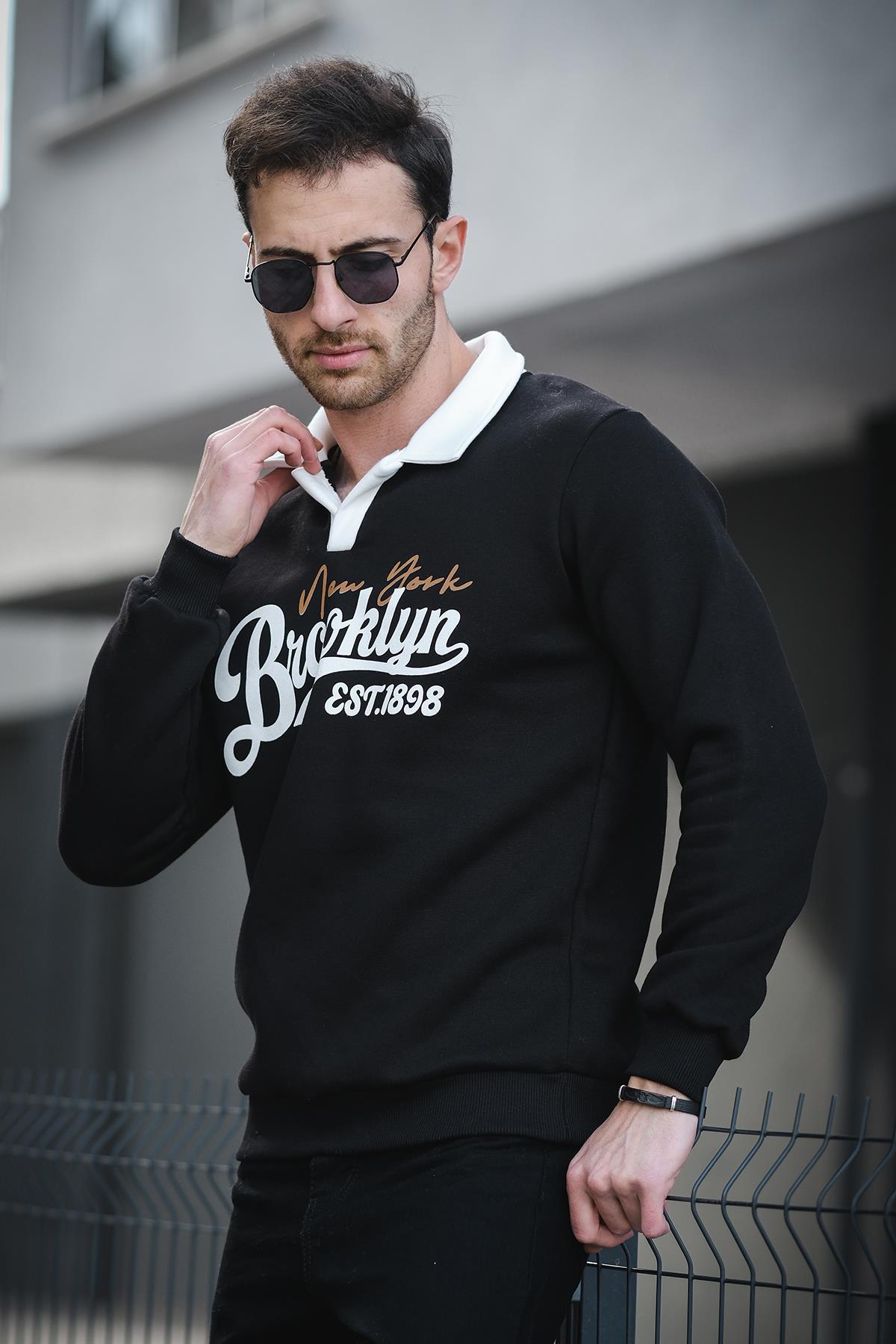 Est 1898 Baskılı Üç İplik Şardonlu Slim Fit Polo Yaka Erkek Sweatshirt