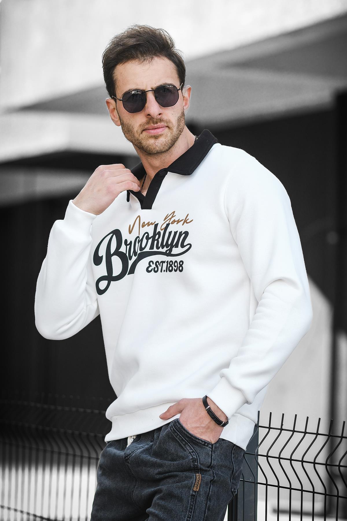 Est 1898 Baskılı Üç İplik Şardonlu Slim Fit Polo Yaka Erkek Sweatshirt