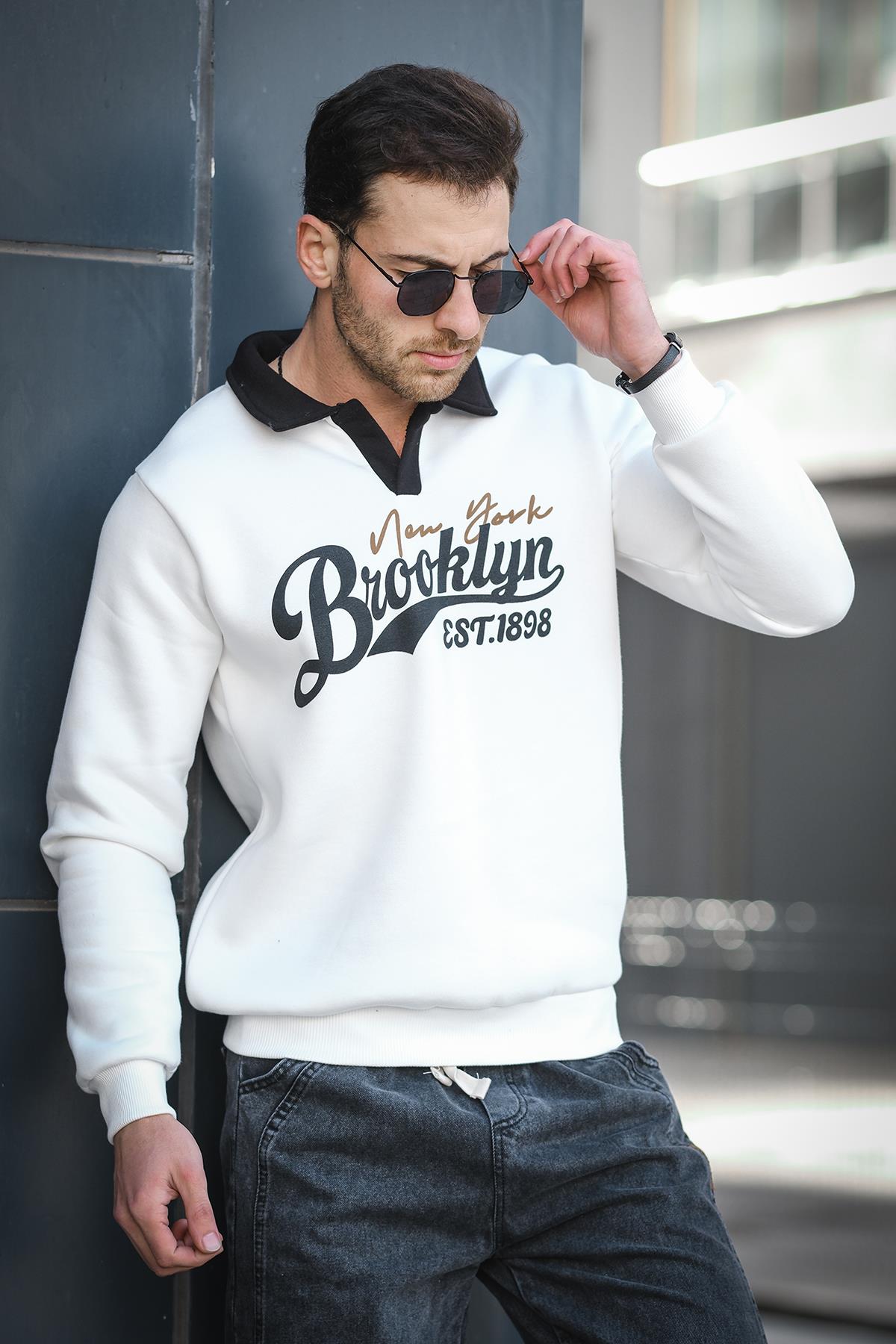 Est 1898 Baskılı Üç İplik Şardonlu Slim Fit Polo Yaka Erkek Sweatshirt