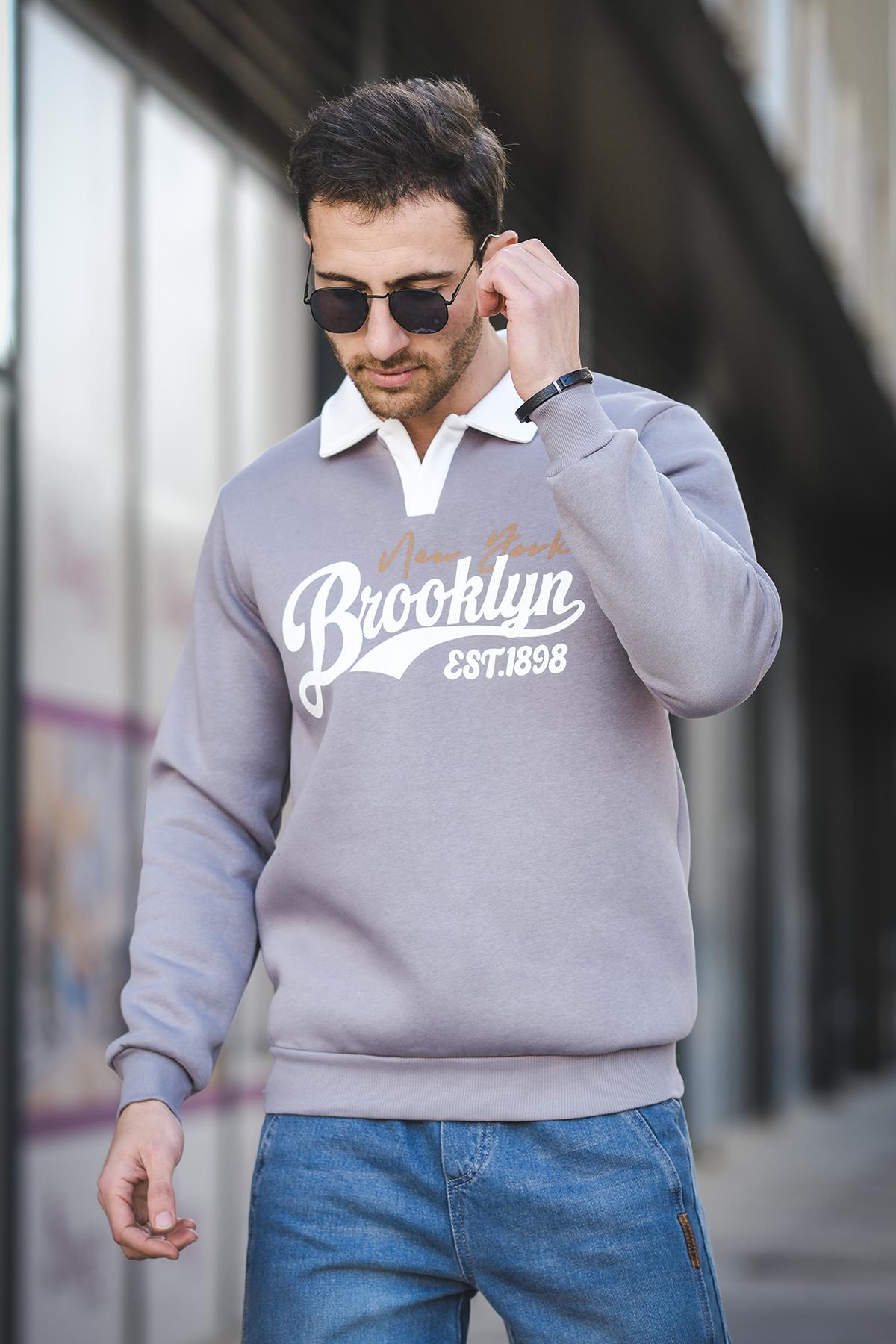 Est 1898 Baskılı Üç İplik Şardonlu Slim Fit Polo Yaka Erkek Sweatshirt