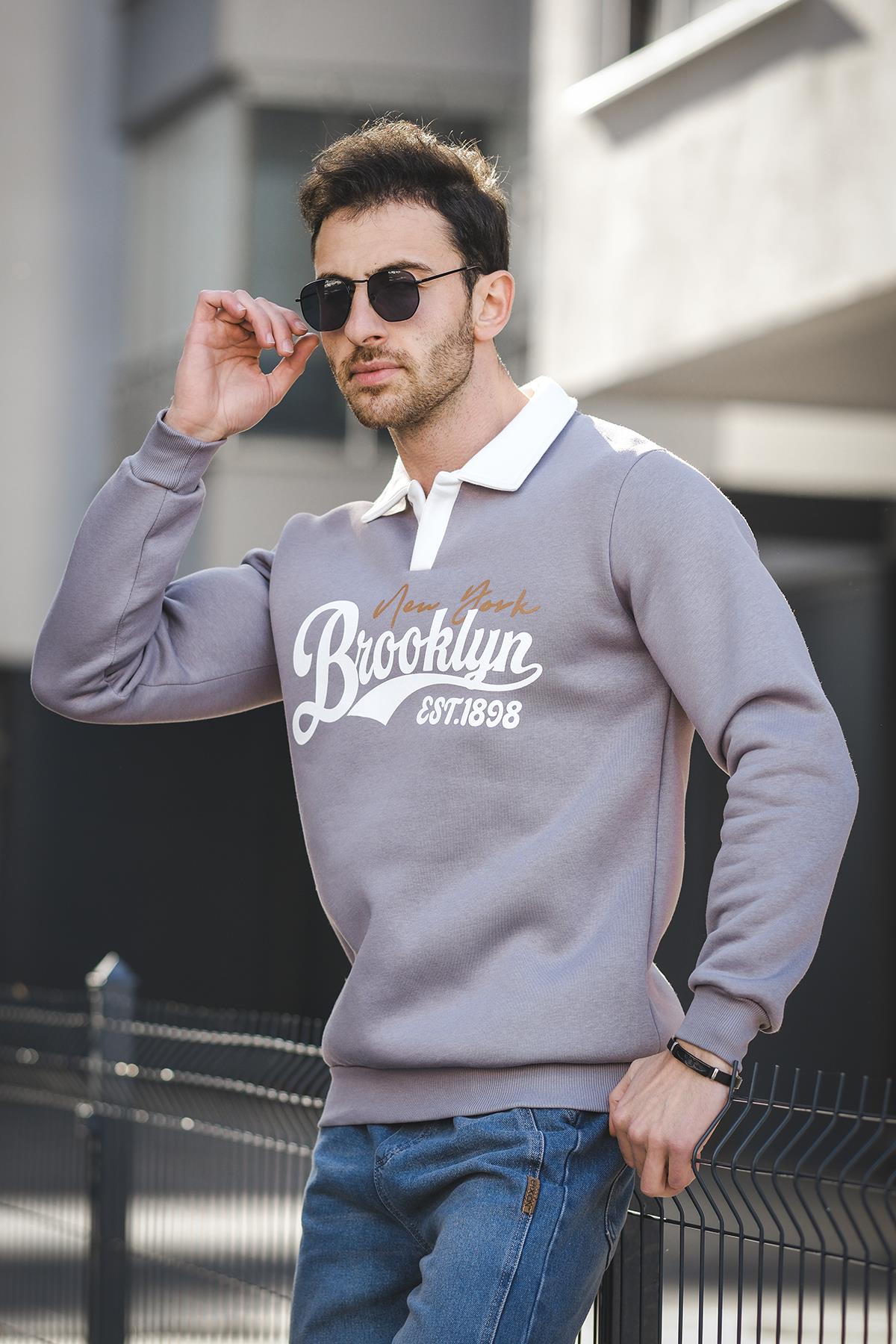 Est 1898 Baskılı Üç İplik Şardonlu Slim Fit Polo Yaka Erkek Sweatshirt