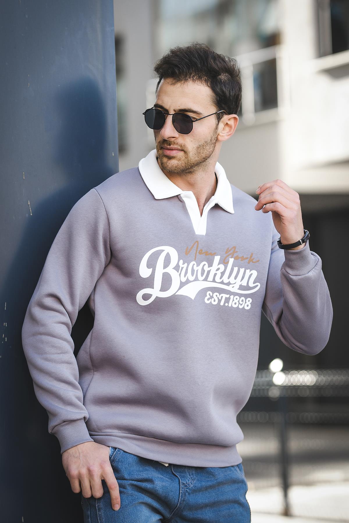 Est 1898 Baskılı Üç İplik Şardonlu Slim Fit Polo Yaka Erkek Sweatshirt