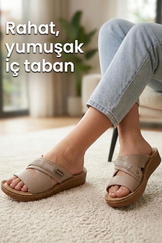 Exn Taşlı Lazer Kesim Detaylı Rahat Taban Kadın Terlik Yeni Sezon
