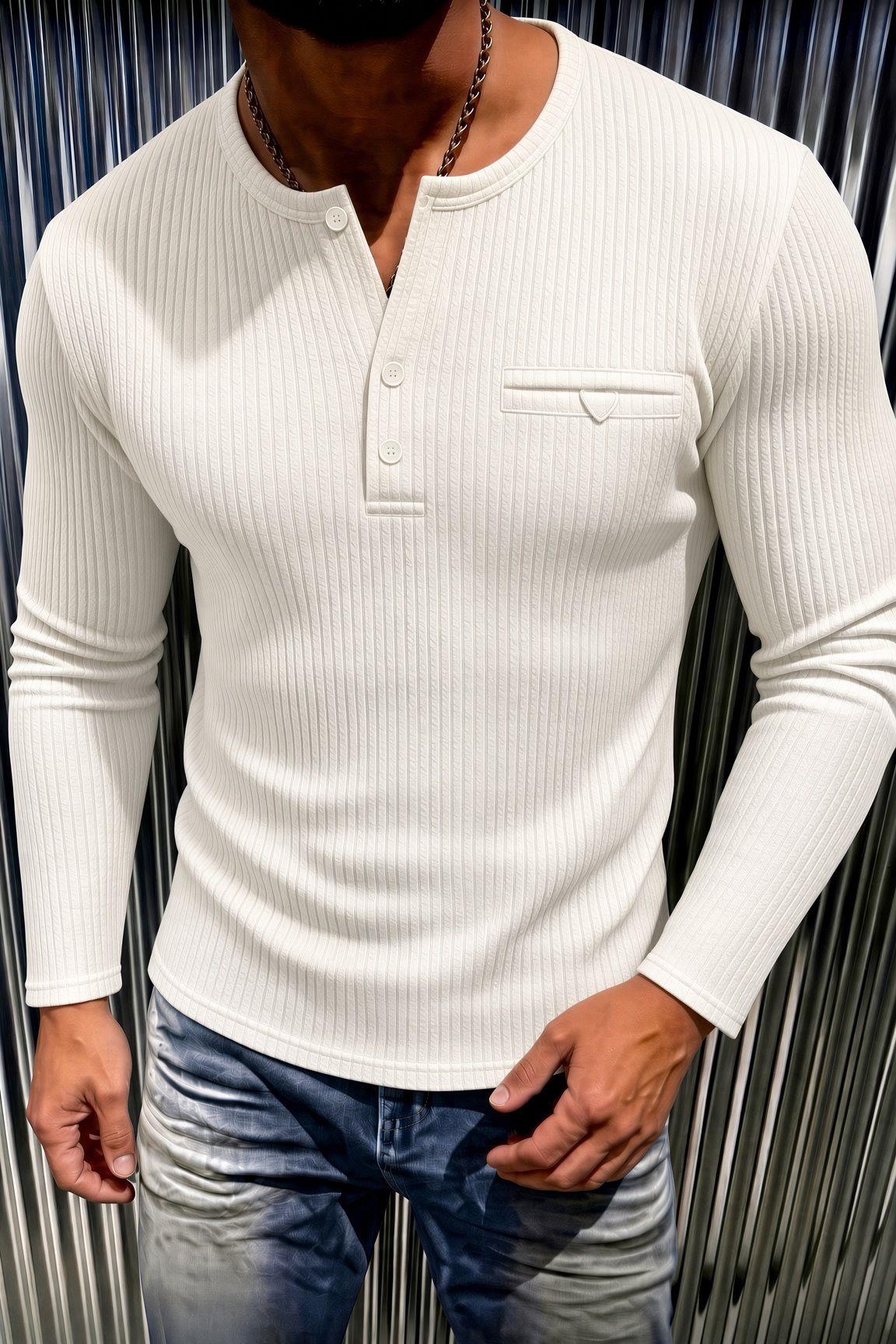 Fer Erkek Düğme ve Gizli Cep Görünümlü Slim Fit Henley Yaka Uzun Kollu T-shirt