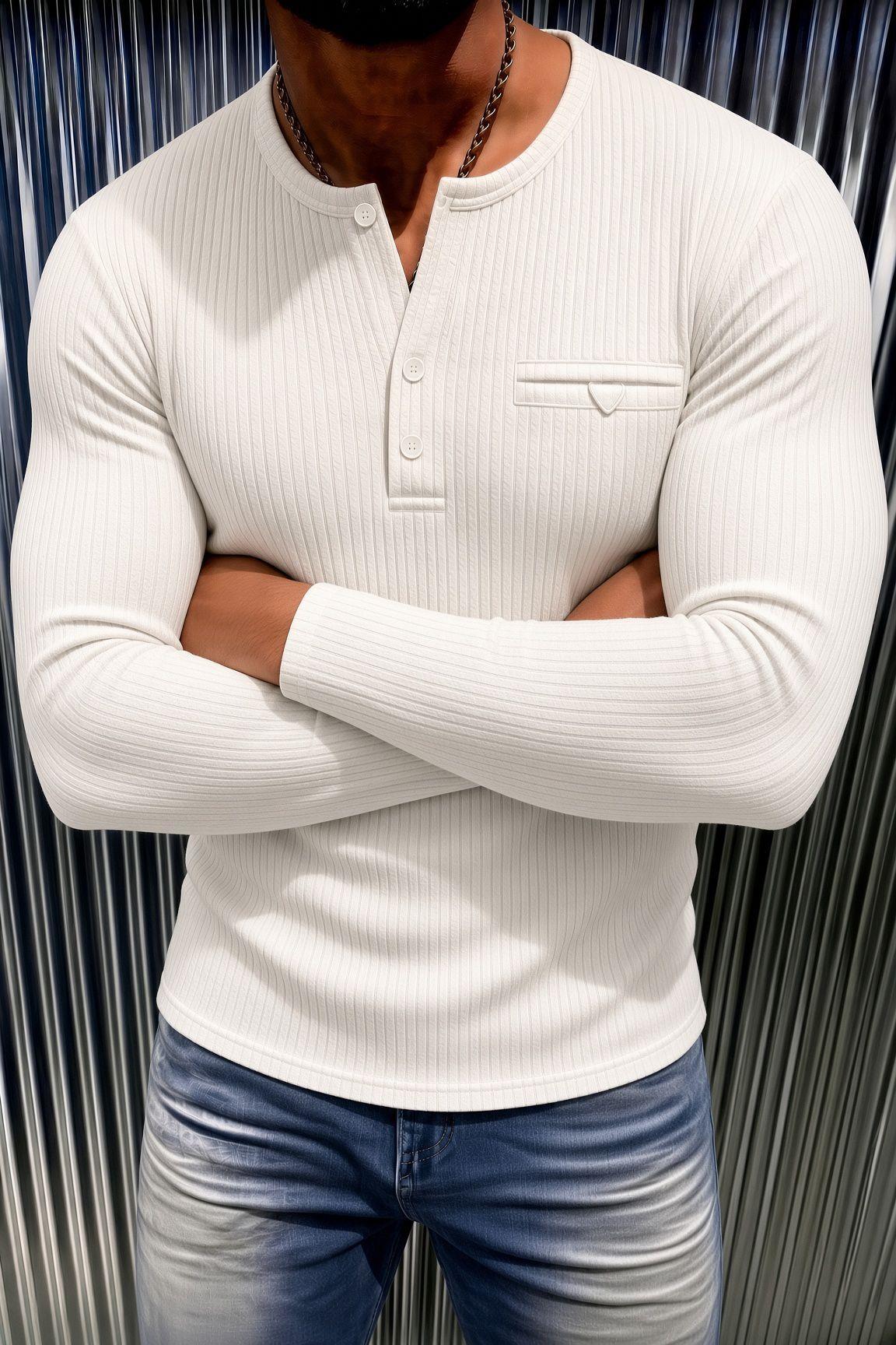 Fer Erkek Düğme ve Gizli Cep Görünümlü Slim Fit Henley Yaka Uzun Kollu T-shirt
