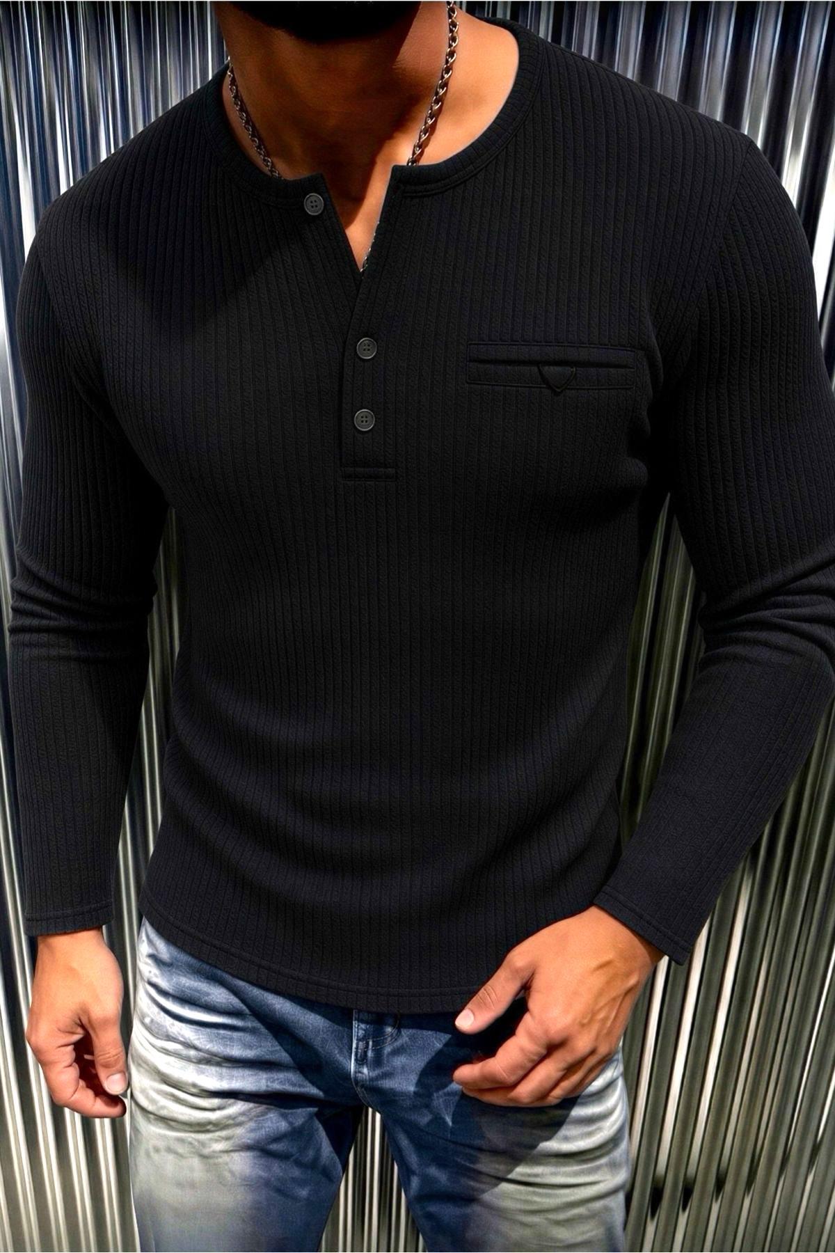 Fer Erkek Düğme ve Gizli Cep Görünümlü Slim Fit Henley Yaka Uzun Kollu T-shirt
