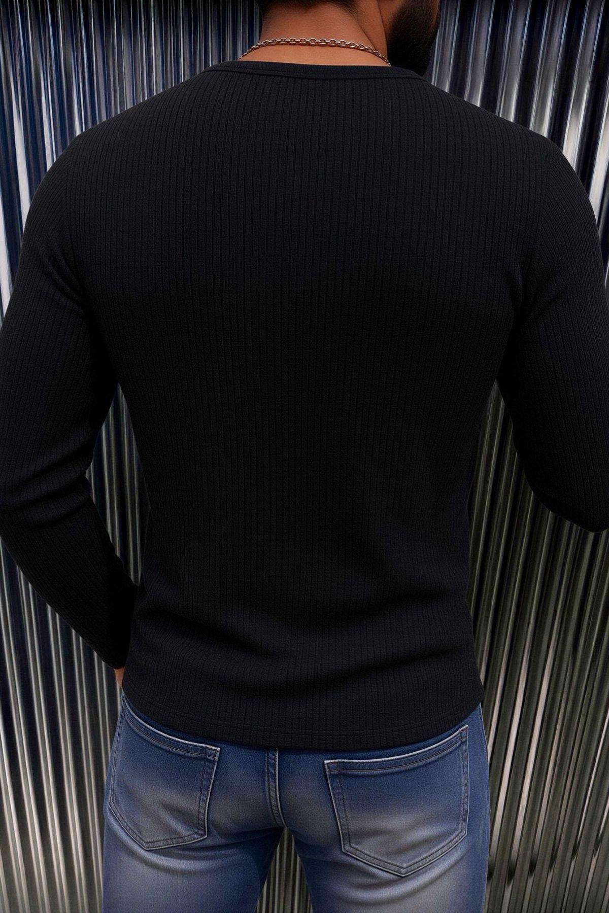 Fer Erkek Düğme ve Gizli Cep Görünümlü Slim Fit Henley Yaka Uzun Kollu T-shirt