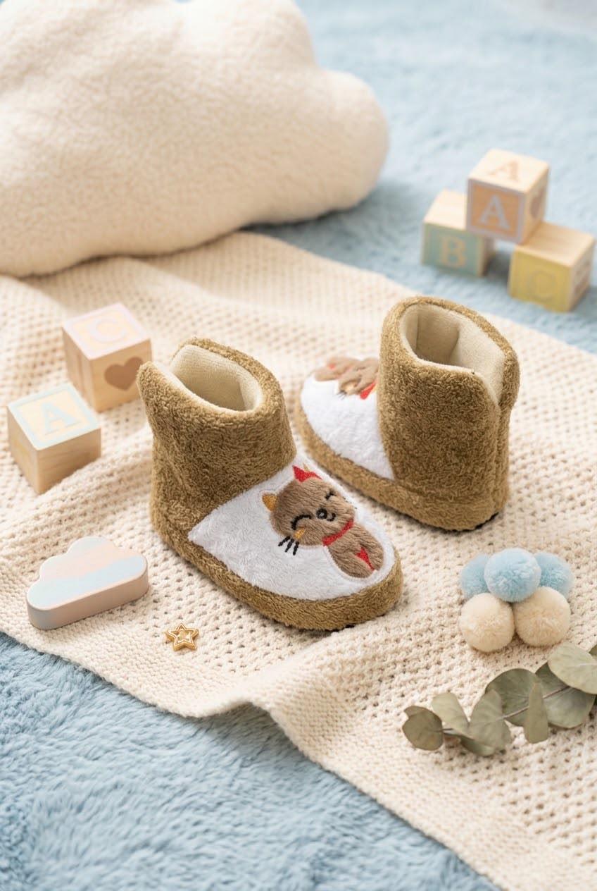 Figür Nakışlı Bebek & Çocuk Peluş Panduf  Sıcak Tutan Ev Botu / Patik