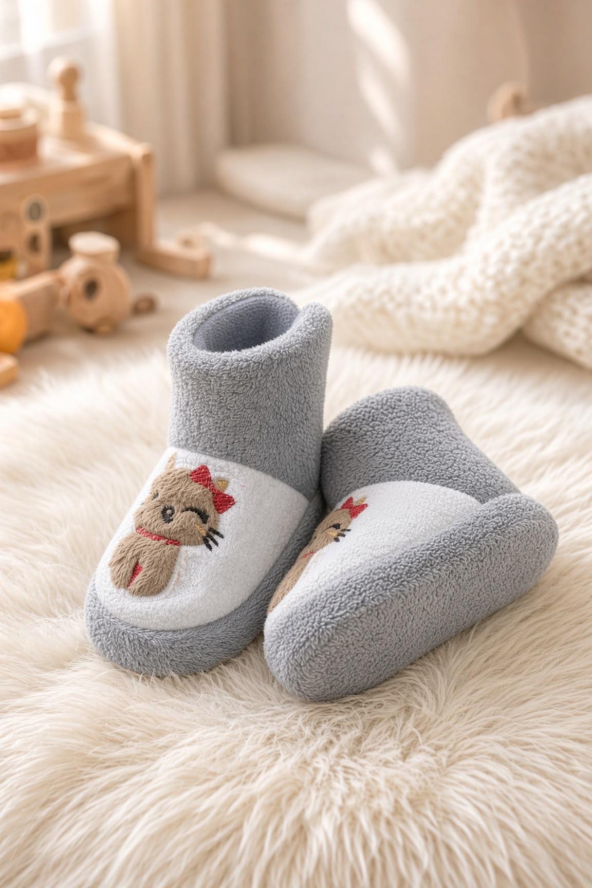 Figür Nakışlı Bebek & Çocuk Peluş Panduf  Sıcak Tutan Ev Botu / Patik