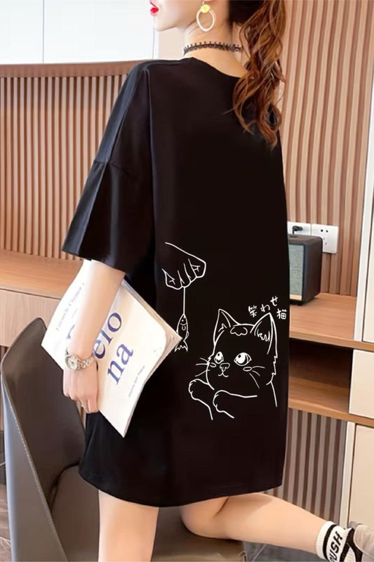 Fish And Cat Kadın Oversize Basic Bisiklet Yaka Pamuklu T-Shirt Rahat Kesim Unisex