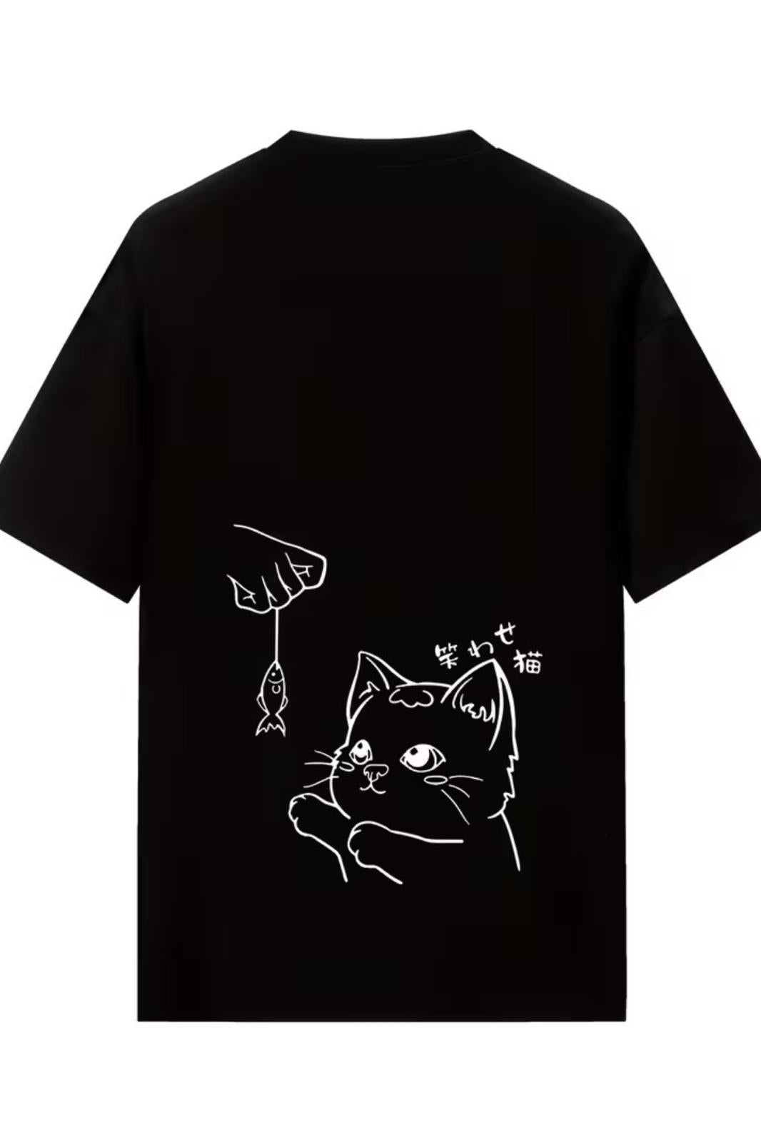 Fish And Cat Kadın Oversize Basic Bisiklet Yaka Pamuklu T-Shirt Rahat Kesim Unisex