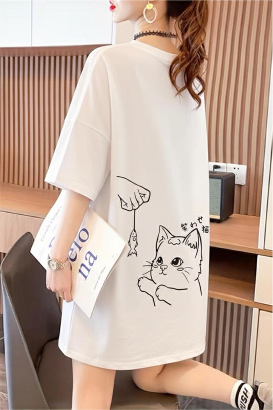 Fish And Cat Kadın Oversize Basic Bisiklet Yaka Pamuklu T-Shirt Rahat Kesim Unisex