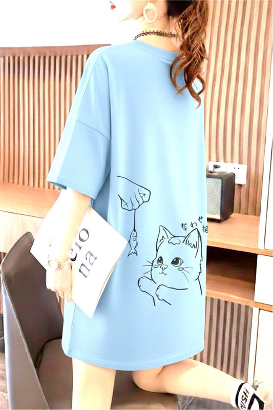 Fish And Cat Kadın Oversize Basic Bisiklet Yaka Pamuklu T-Shirt Rahat Kesim Unisex
