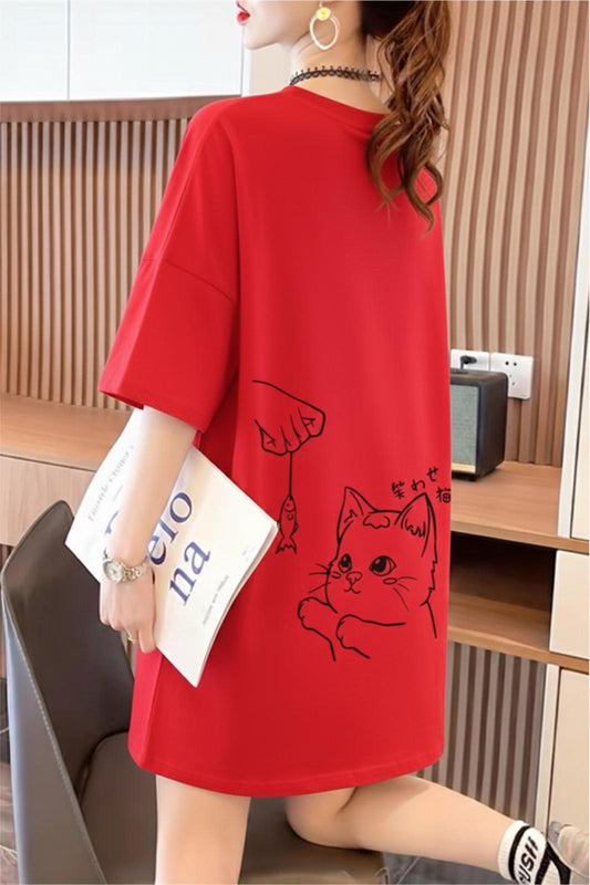 Fish And Cat Kadın Oversize Basic Bisiklet Yaka Pamuklu T-Shirt Rahat Kesim Unisex