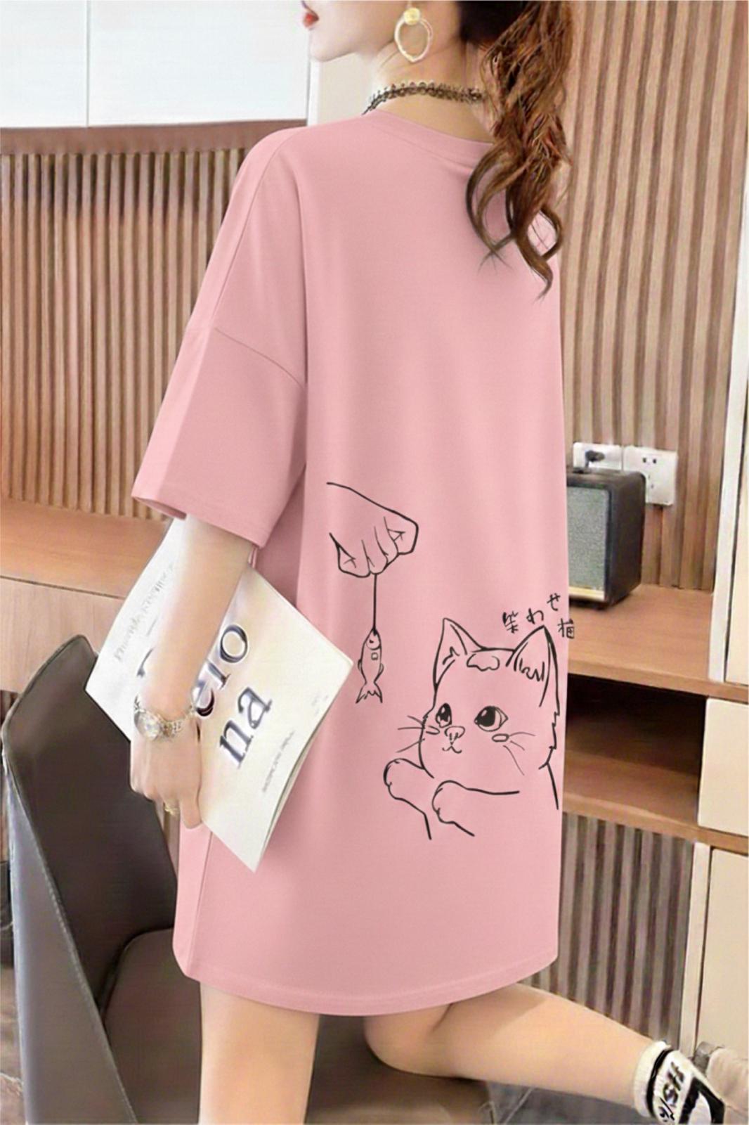 Fish And Cat Kadın Oversize Basic Bisiklet Yaka Pamuklu T-Shirt Rahat Kesim Unisex