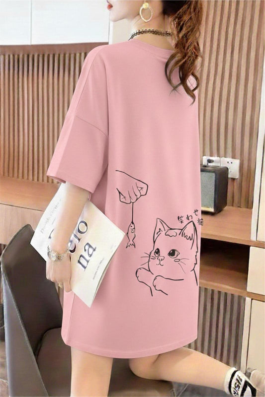 Fish And Cat Kadın Oversize Basic Bisiklet Yaka Pamuklu T-Shirt Rahat Kesim Unisex