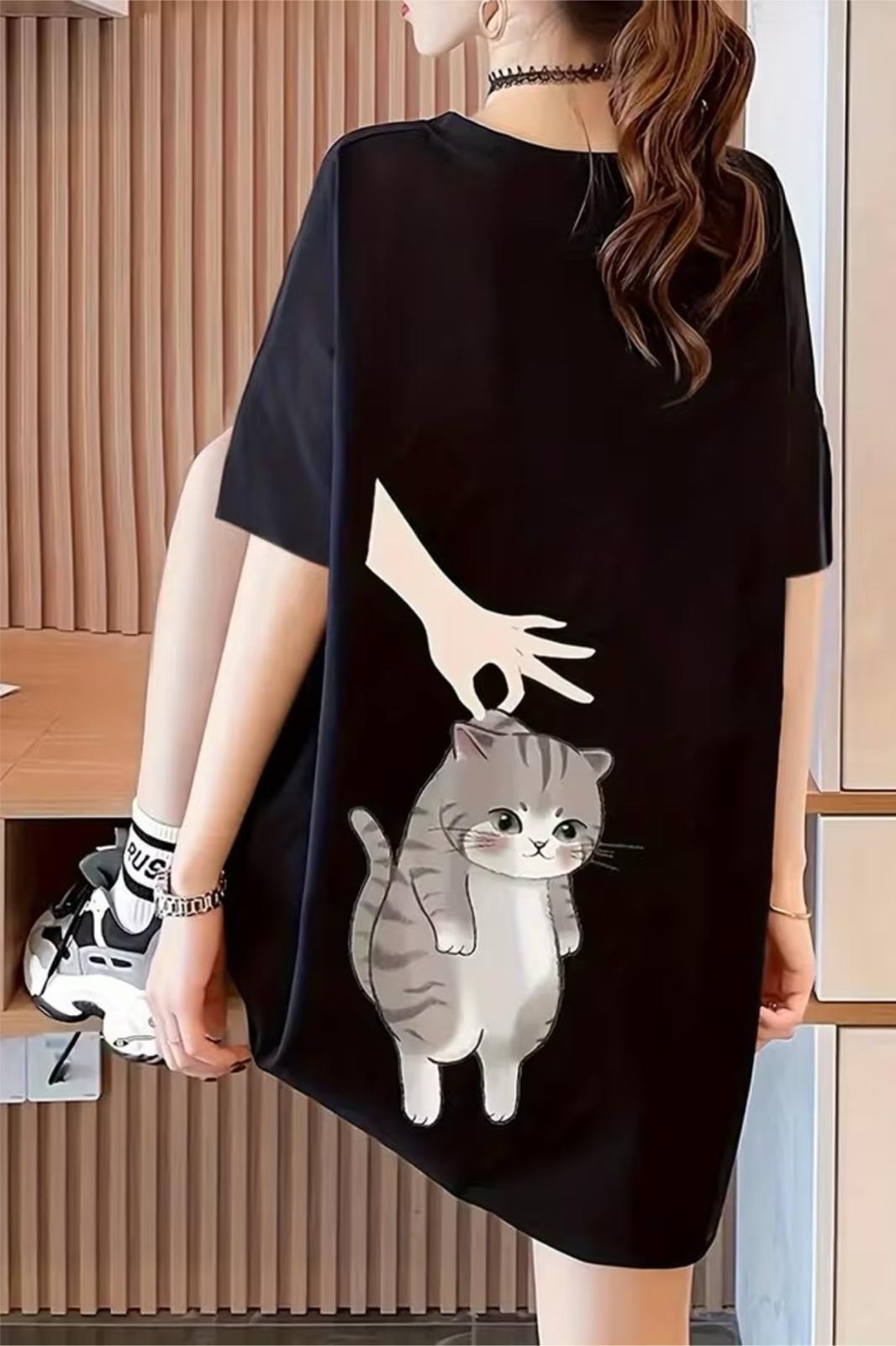 Hand And Cat Kadın Oversize Basic Bisiklet Yaka Pamuklu T-Shirt Rahat Kesim Unisex