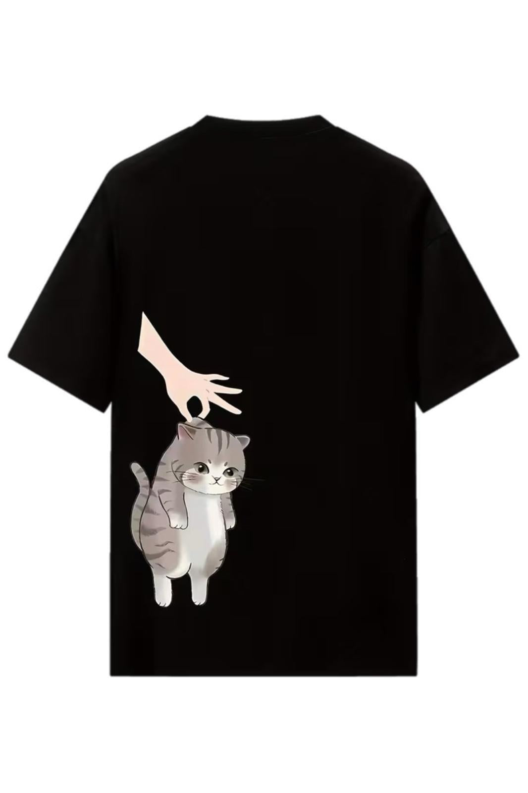 Hand And Cat Kadın Oversize Basic Bisiklet Yaka Pamuklu T-Shirt Rahat Kesim Unisex
