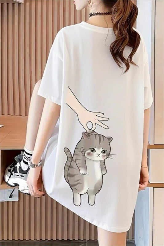 Hand And Cat Kadın Oversize Basic Bisiklet Yaka Pamuklu T-Shirt Rahat Kesim Unisex