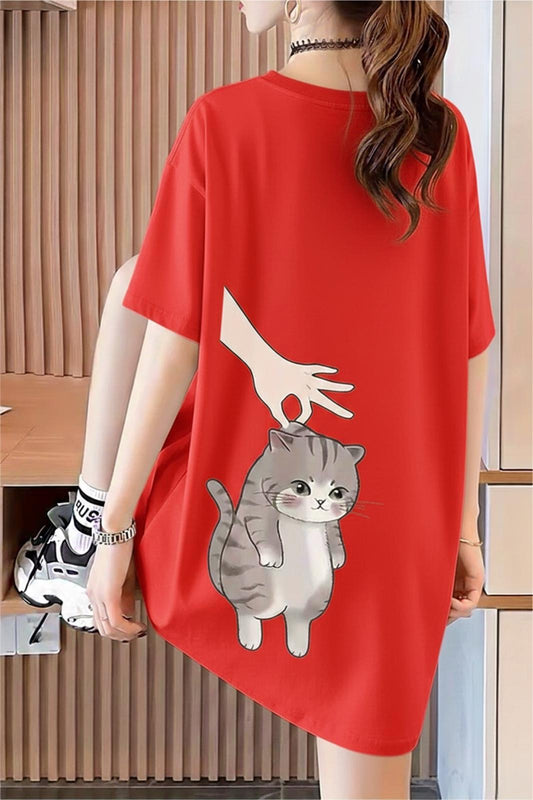 Hand And Cat Kadın Oversize Basic Bisiklet Yaka Pamuklu T-Shirt Rahat Kesim Unisex