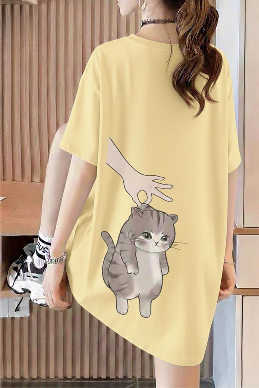 Hand And Cat Kadın Oversize Basic Bisiklet Yaka Pamuklu T-Shirt Rahat Kesim Unisex