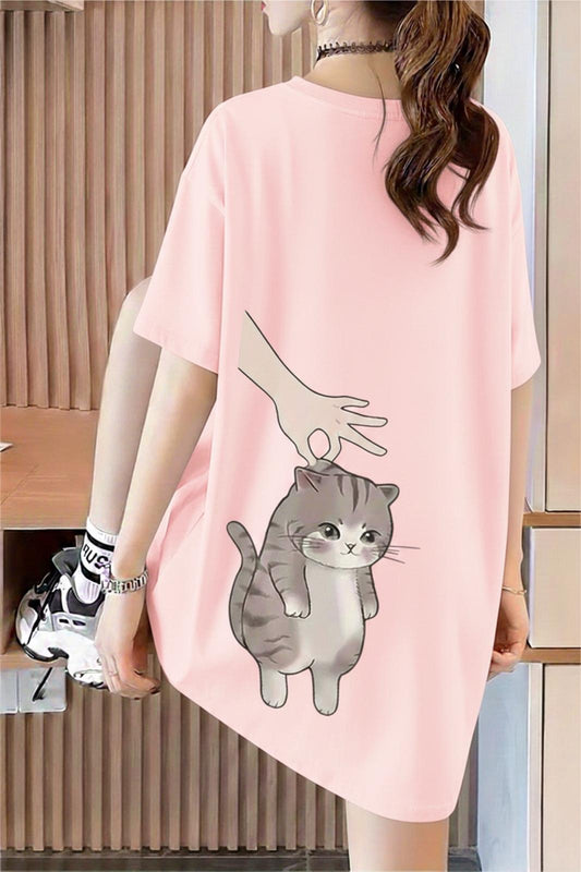 Hand And Cat Kadın Oversize Basic Bisiklet Yaka Pamuklu T-Shirt Rahat Kesim Unisex
