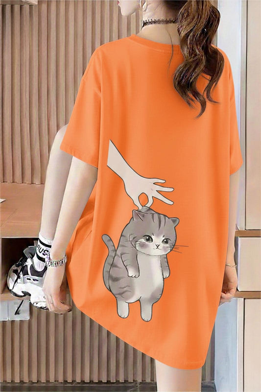 Hand And Cat Kadın Oversize Basic Bisiklet Yaka Pamuklu T-Shirt Rahat Kesim Unisex
