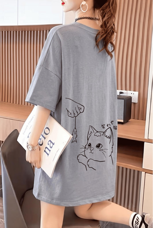 Fish And Cat Kadın Oversize Basic Bisiklet Yaka Pamuklu T-Shirt Rahat Kesim Unisex
