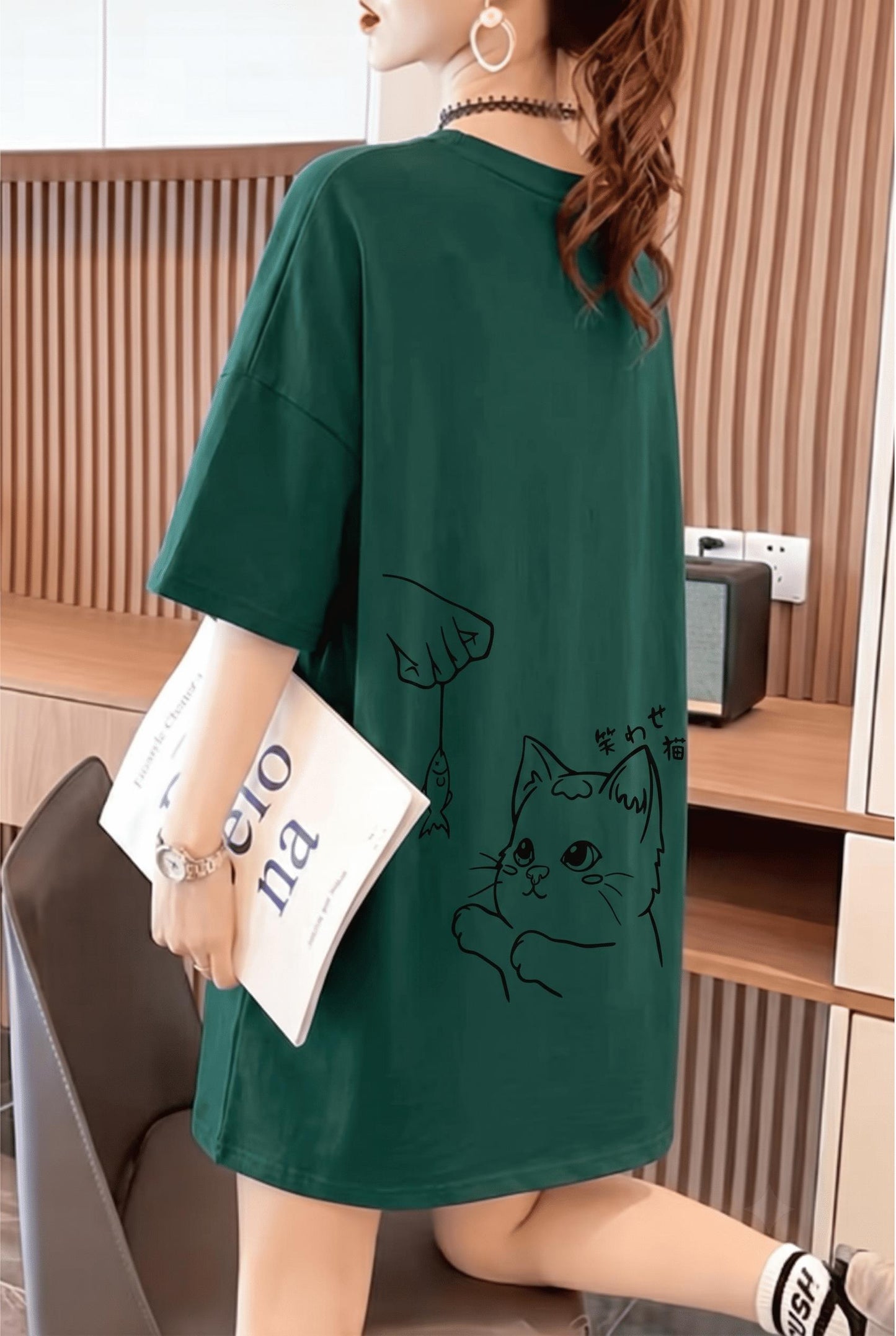 Fish And Cat Kadın Oversize Basic Bisiklet Yaka Pamuklu T-Shirt Rahat Kesim Unisex
