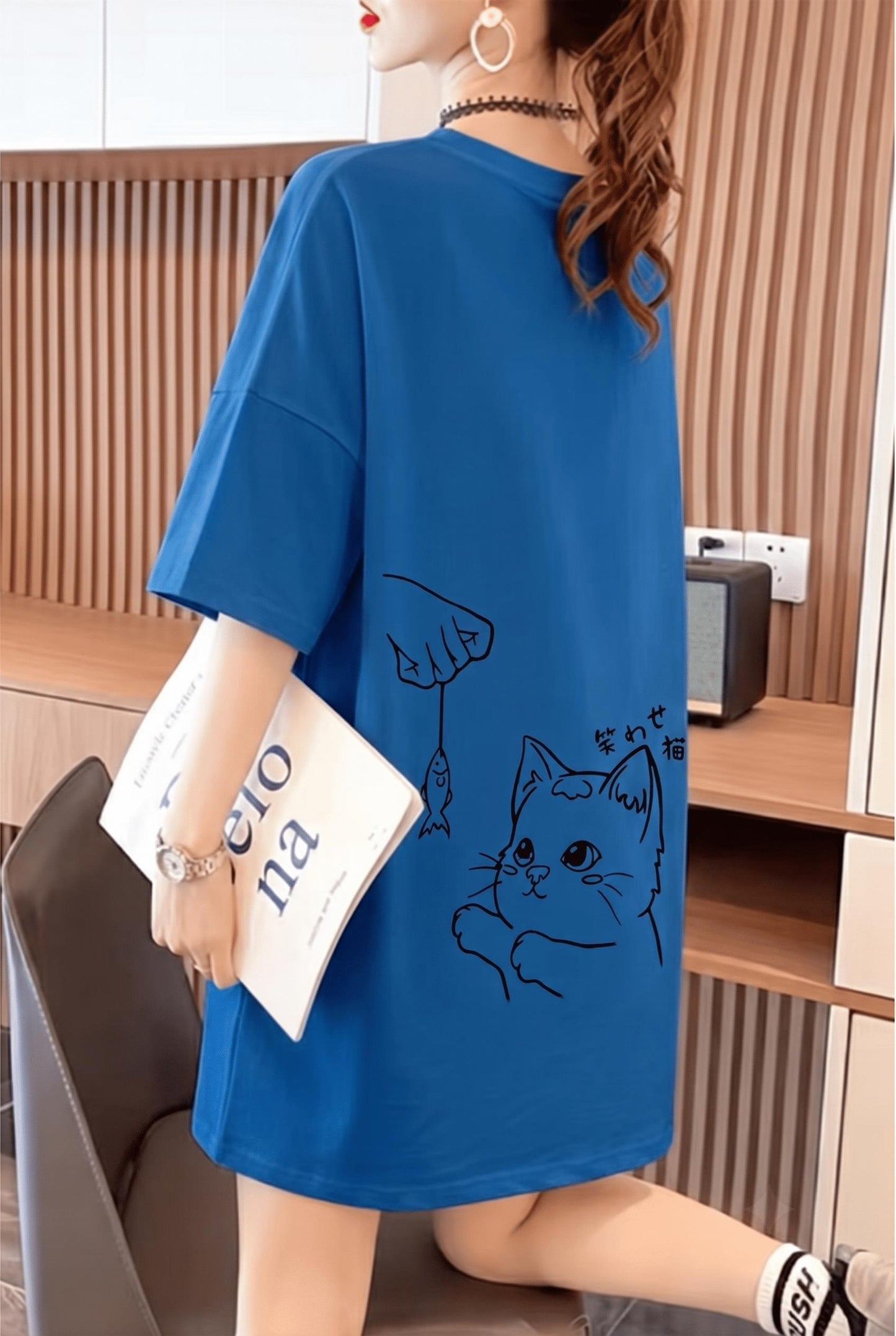 Fish And Cat Kadın Oversize Basic Bisiklet Yaka Pamuklu T-Shirt Rahat Kesim Unisex