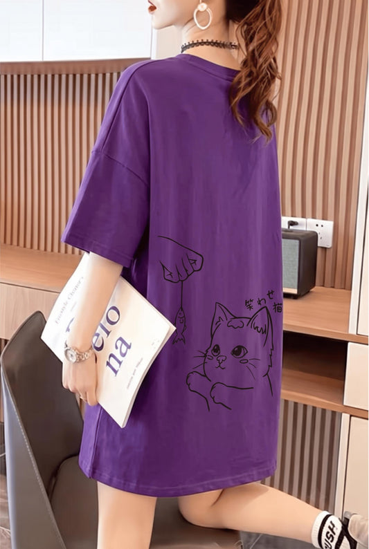 Fish And Cat Kadın Oversize Basic Bisiklet Yaka Pamuklu T-Shirt Rahat Kesim Unisex