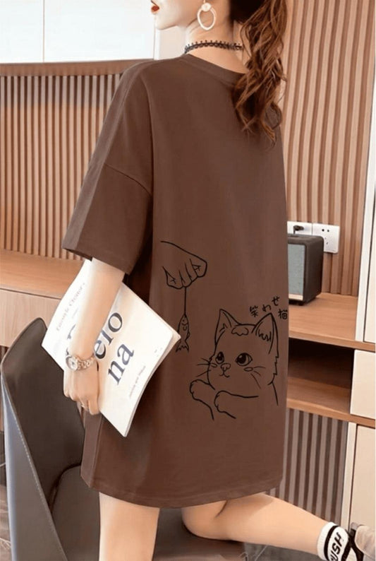 Fish And Cat Kadın Oversize Basic Bisiklet Yaka Pamuklu T-Shirt Rahat Kesim Unisex