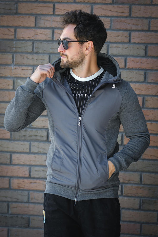Fokt Üç İp Şardonlu Parça Detaylı Gizli Kapüşonlu Erkek Sweatshirt