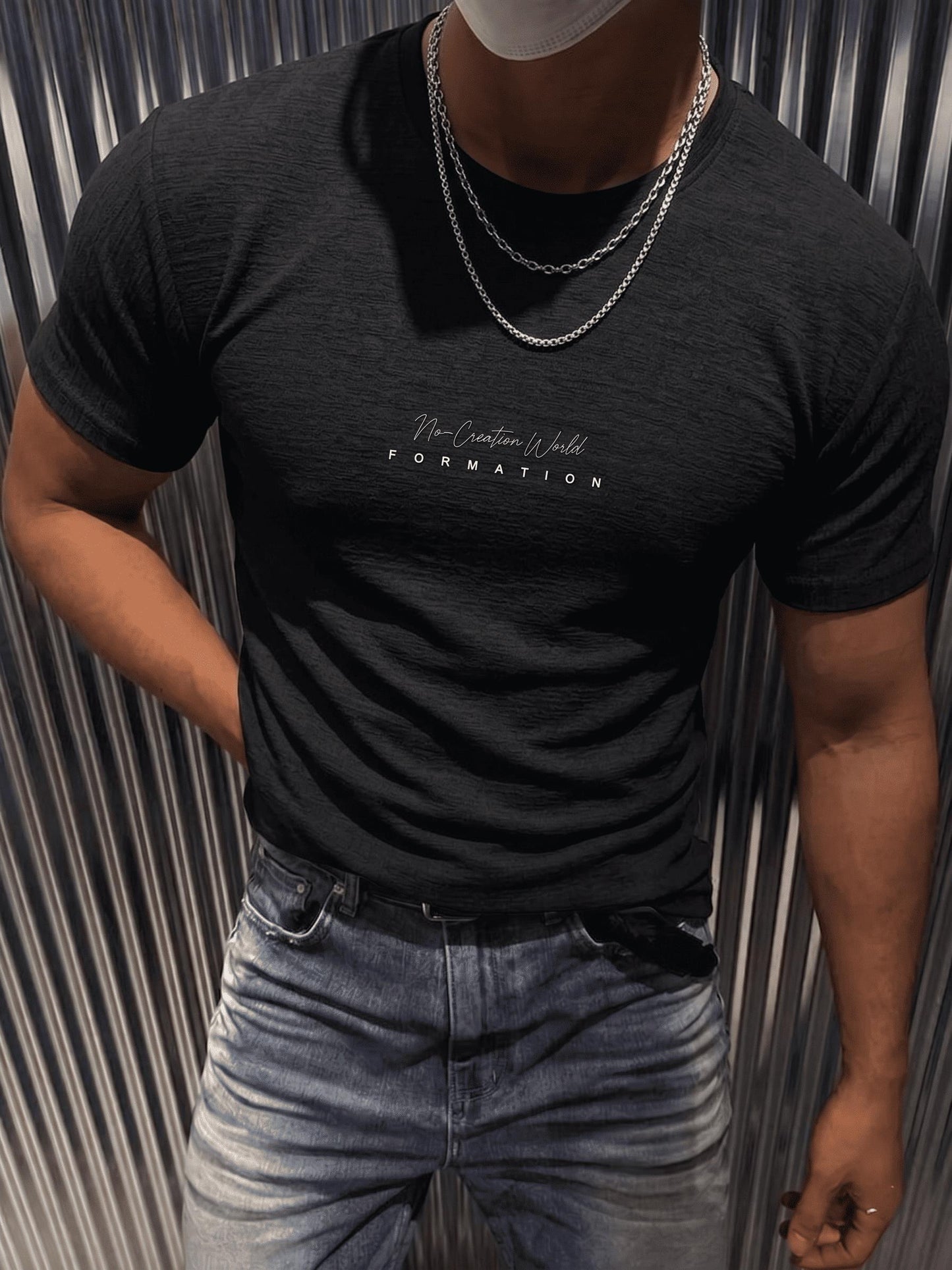 Formation Flok Baskılı Kabuk Desen Slim Fit Erkek Likralı Tişört