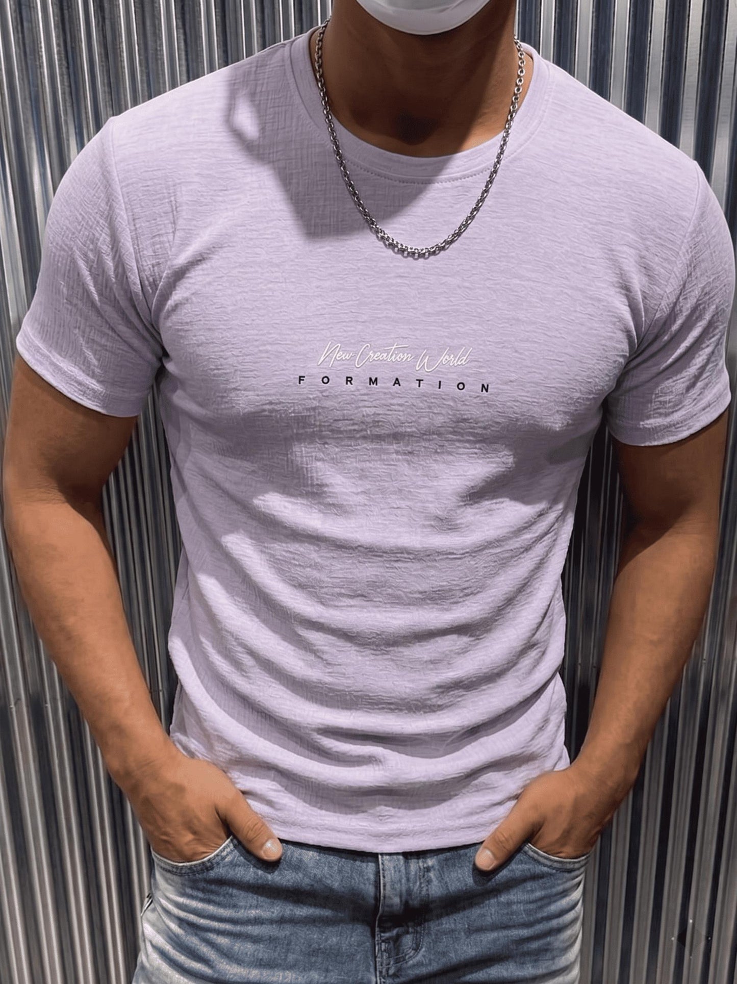 Formation Flok Baskılı Kabuk Desen Slim Fit Erkek Likralı Tişört