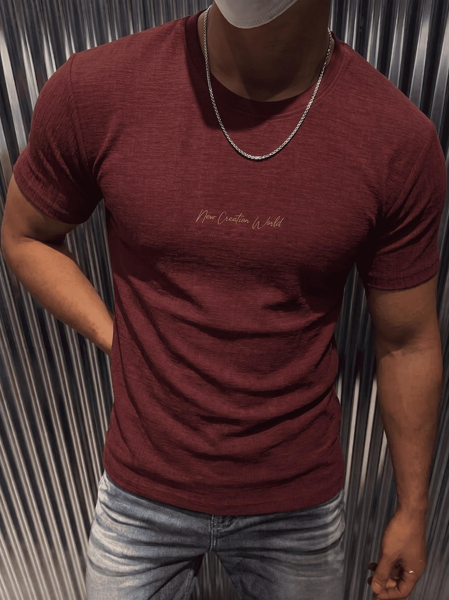 Formation Flok Baskılı Kabuk Desen Slim Fit Erkek Likralı Tişört