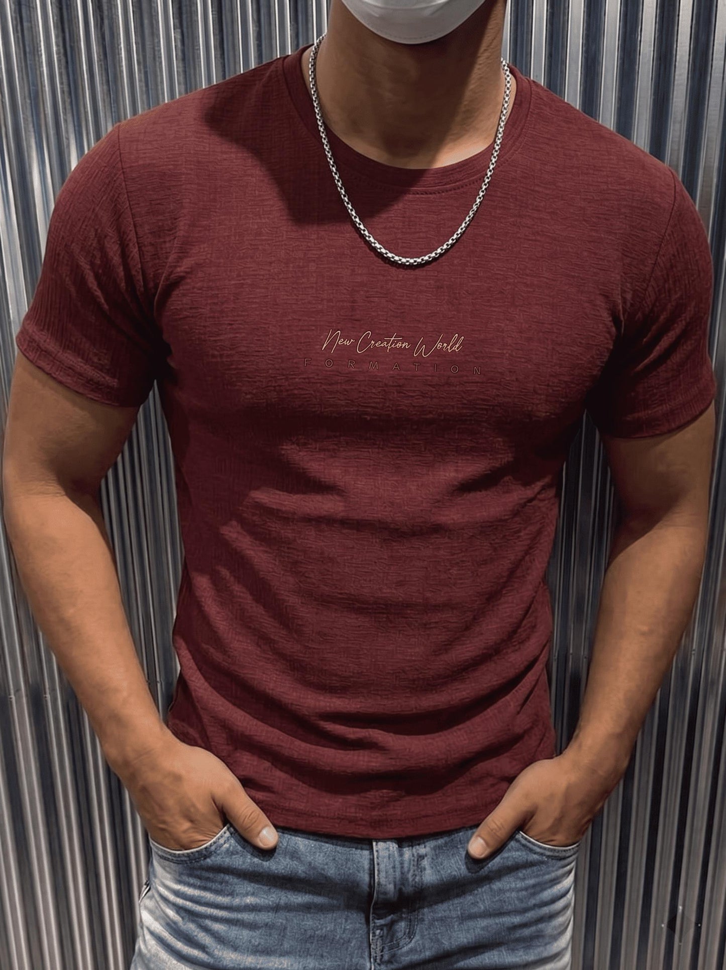 Formation Flok Baskılı Kabuk Desen Slim Fit Erkek Likralı Tişört