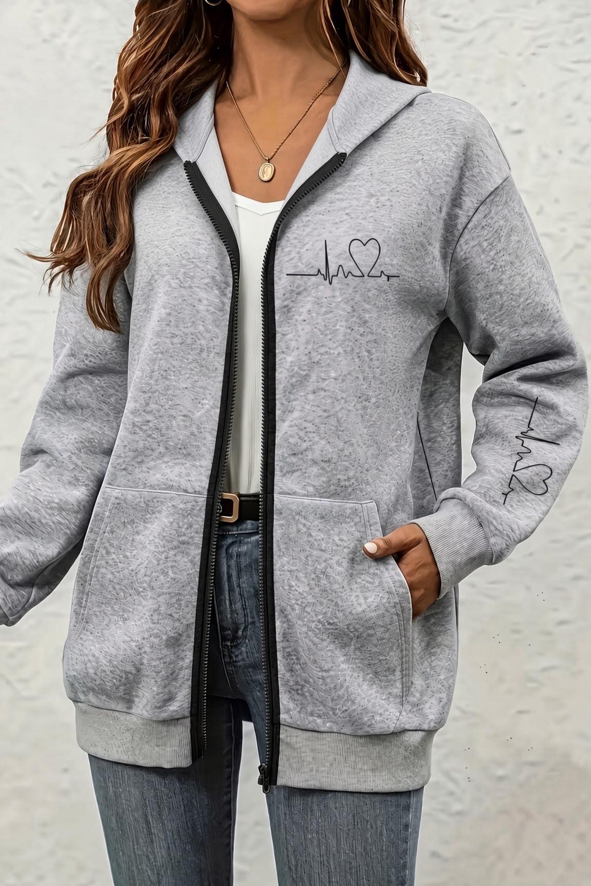 Fr Kalp Ritmi Baskılı İki İplik Fermuarlı Kapüşonlu Sweatshirt Hırka - Oversize Cepli Günlük Spor Ceket