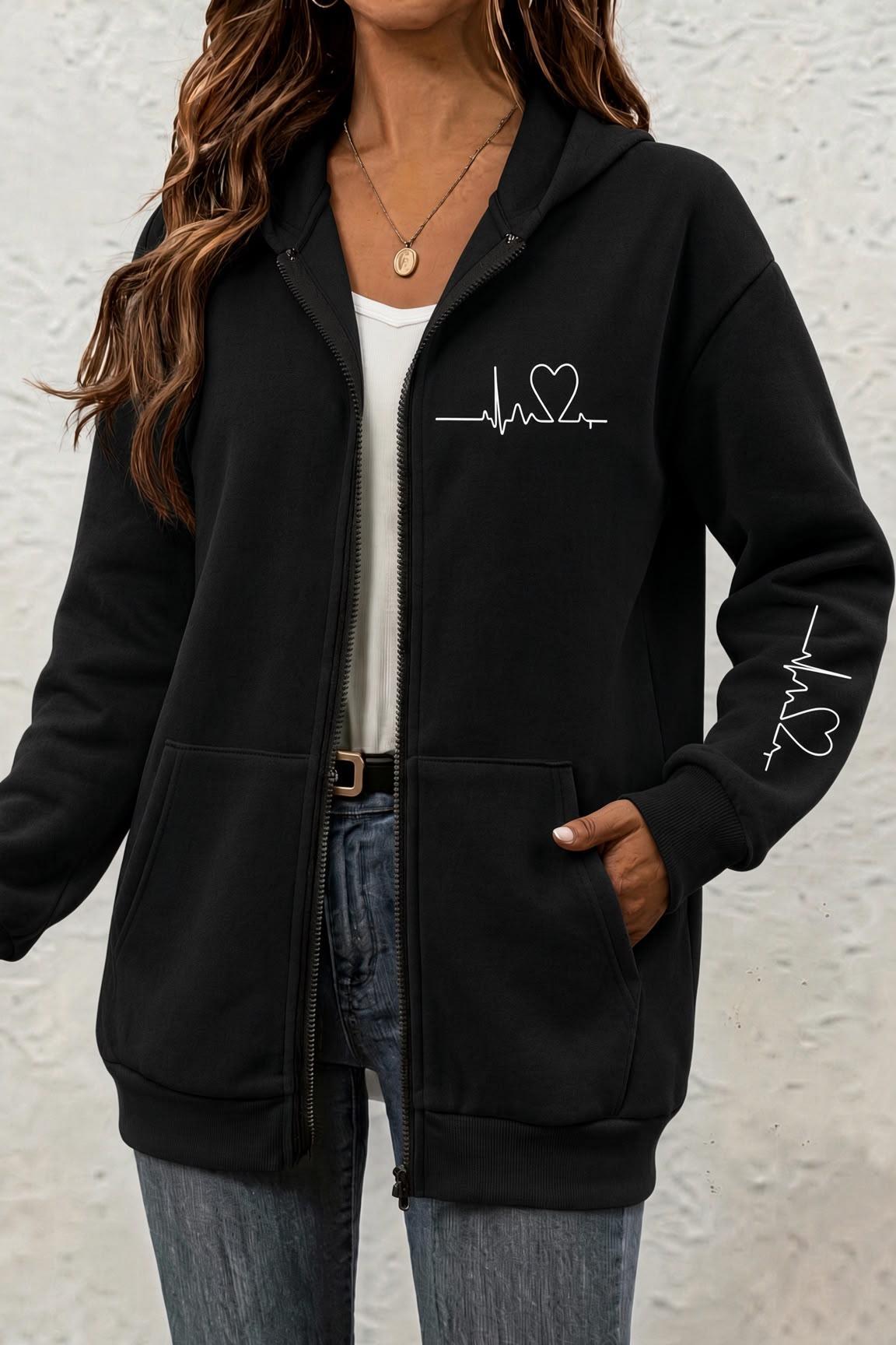 Fr Kalp Ritmi Baskılı İki İplik Fermuarlı Kapüşonlu Sweatshirt Hırka - Oversize Cepli Günlük Spor Ceket