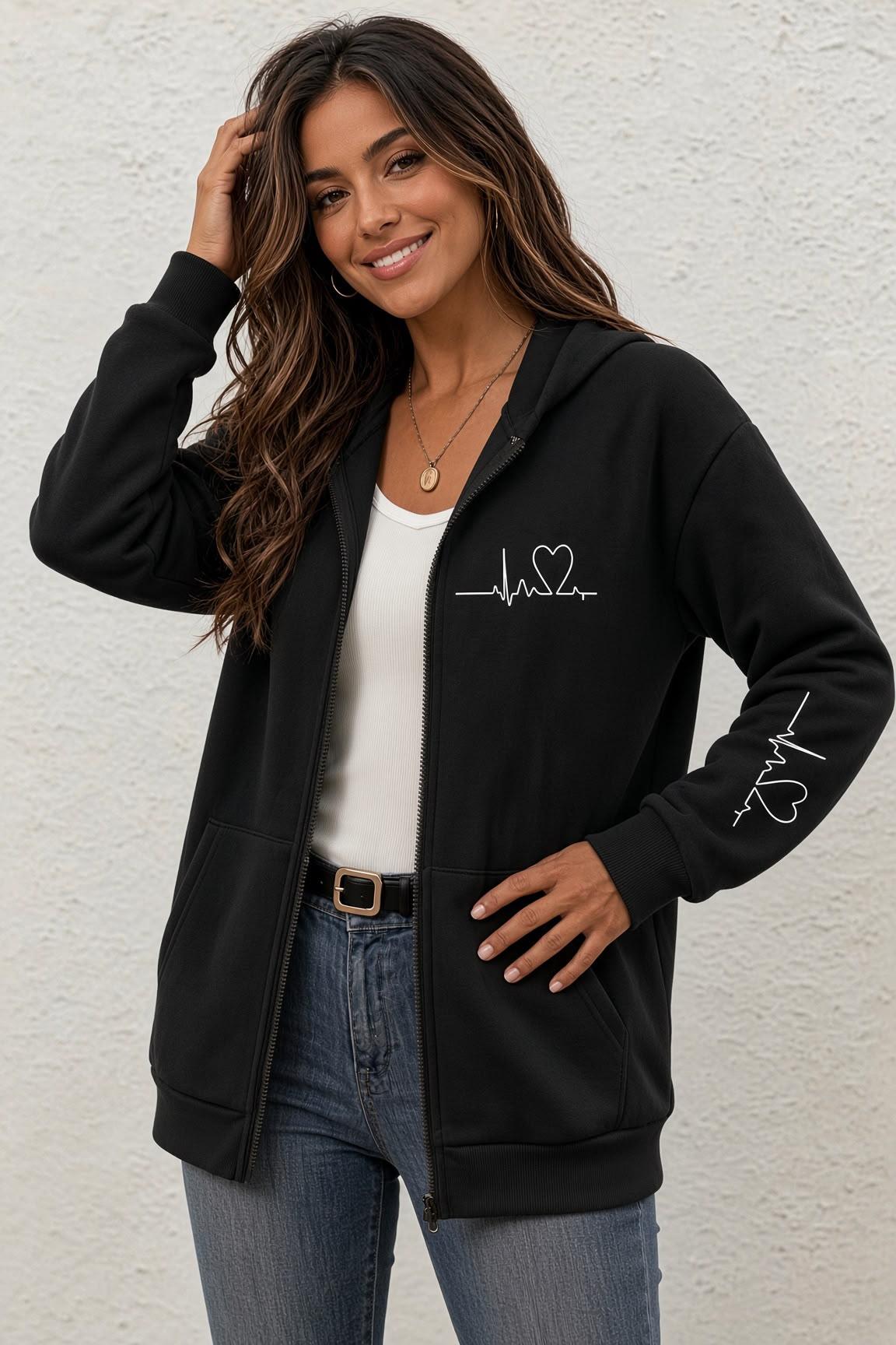 Fr Kalp Ritmi Baskılı İki İplik Fermuarlı Kapüşonlu Sweatshirt Hırka - Oversize Cepli Günlük Spor Ceket